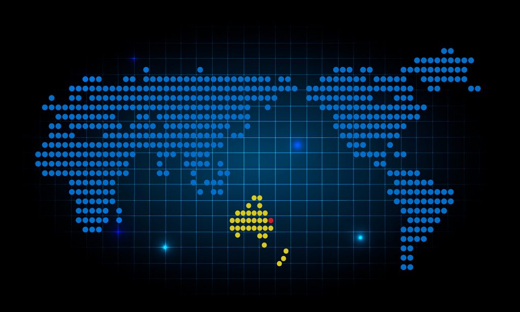 Digital map of the continents of Earth in blue and yellow dots.